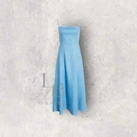 Reformation 100% Linen Starfruit Parisian Blue Open Back Midi Dress B1146